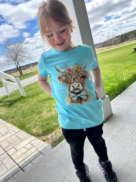 Highlander Cow w/ Floral Crown + Bow Tie -Short Sleeve Youth GIRLS